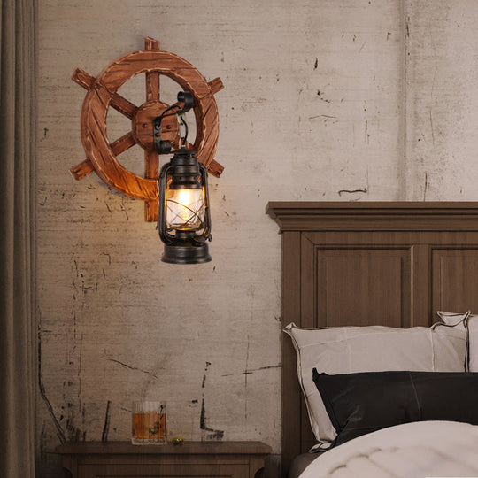 Industrial Brown Kerosene Wall Mount Lamp with Clear Glass & Wood Backplate - 1 Bulb Wall Light Fixture