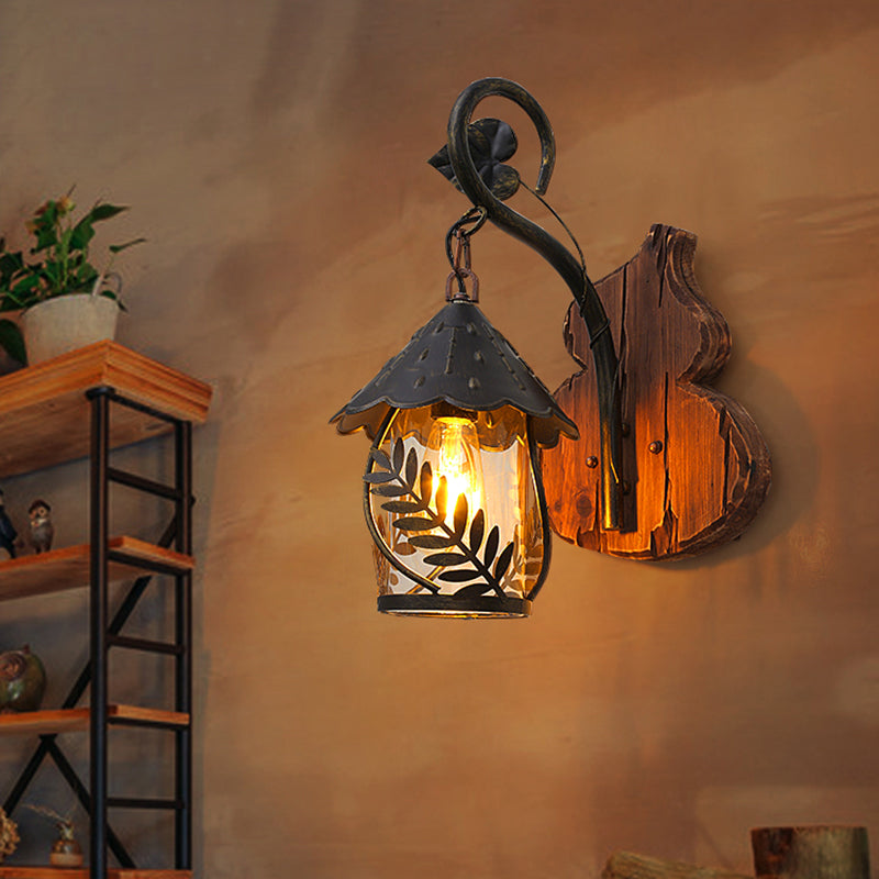 Farmhouse Clear Glass Wall Mounted Leaf Light with Wood Backplate - Brown