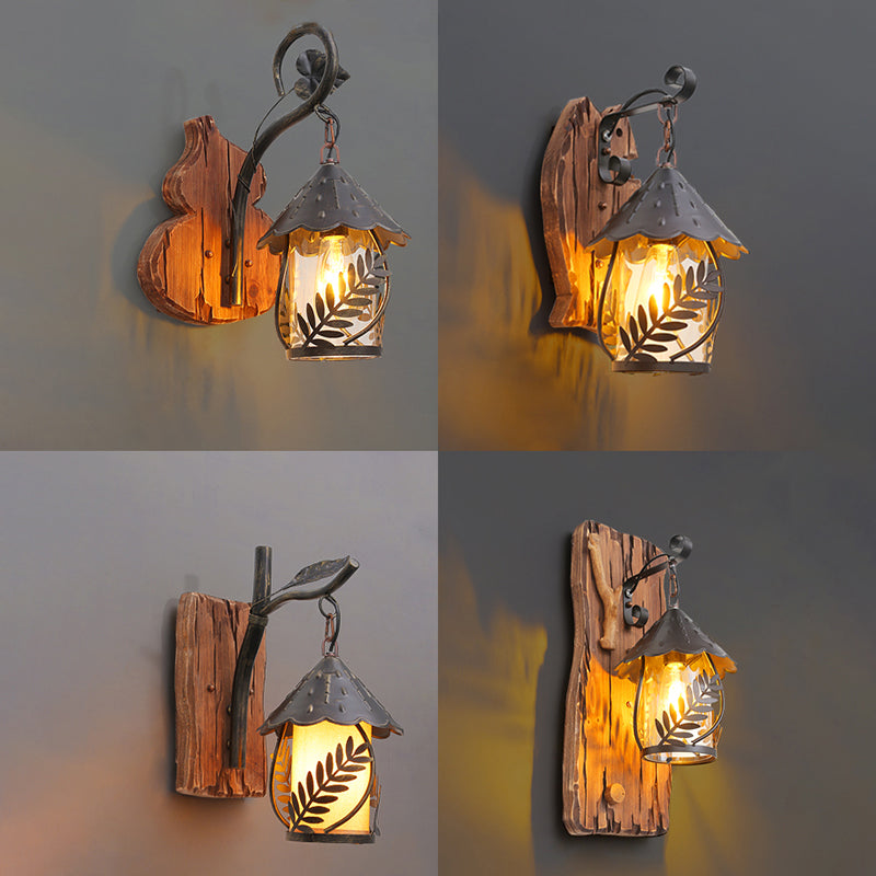 Farmhouse Clear Glass Wall Mounted Leaf Light with Wood Backplate - Brown