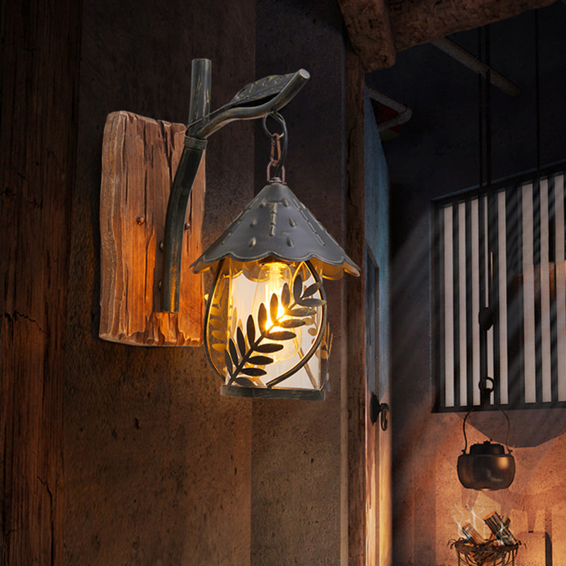 Farmhouse Clear Glass Wall Mounted Leaf Light with Wood Backplate - Brown