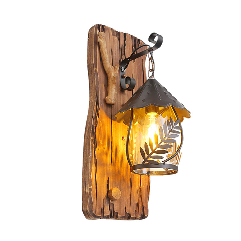 Farmhouse Clear Glass Wall Mounted Leaf Light with Wood Backplate - Brown