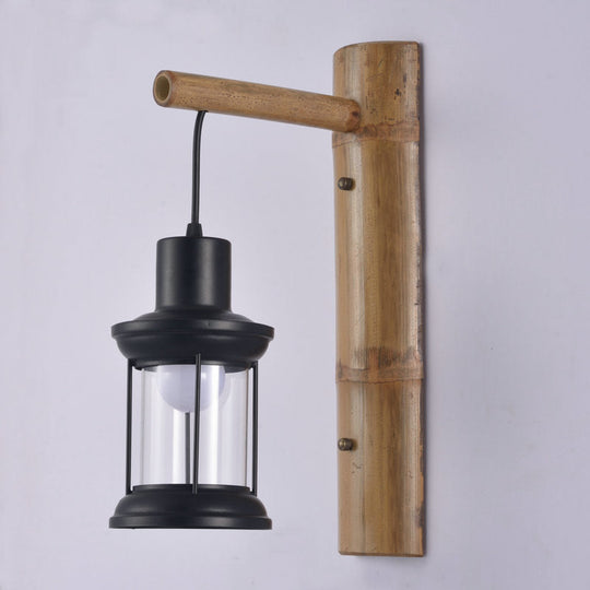 Coastal Lantern 1-Head Wall Light Sconce with Clear Glass and Bamboo Backplate