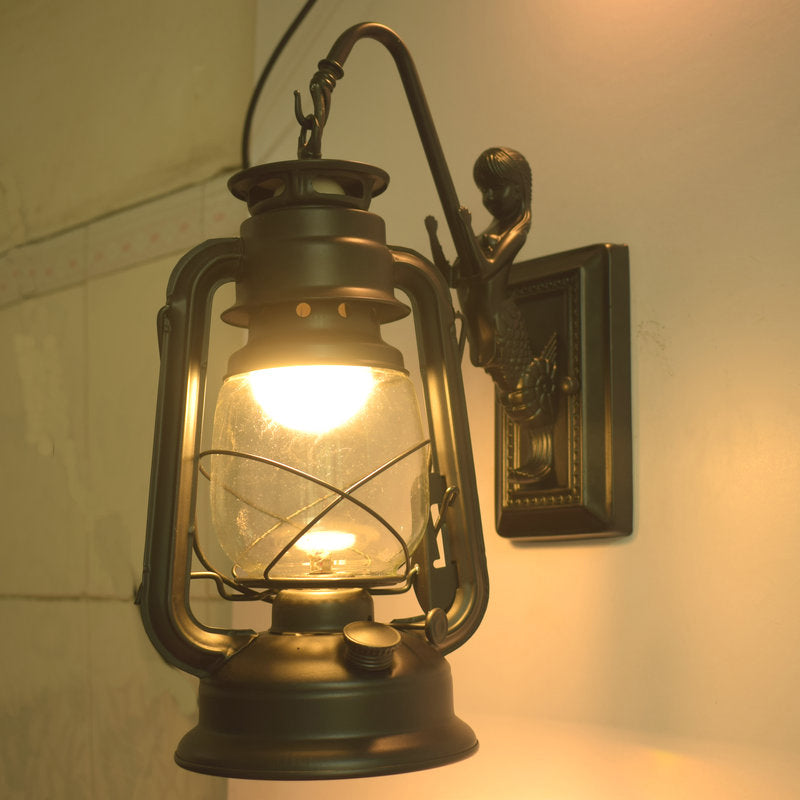 Industrial Kerosene Wall Lamp with Clear Glass and Mermaid Arm Pull Chain Sconce
