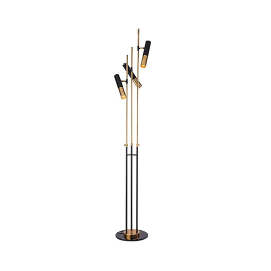 Contemporary Nordic 3-Headed Floor Light in Gold and Black Tube Design with Metallic Shade
