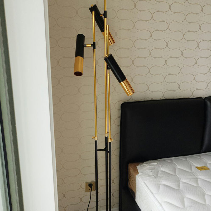 Contemporary Nordic 3-Headed Floor Light in Gold and Black Tube Design with Metallic Shade