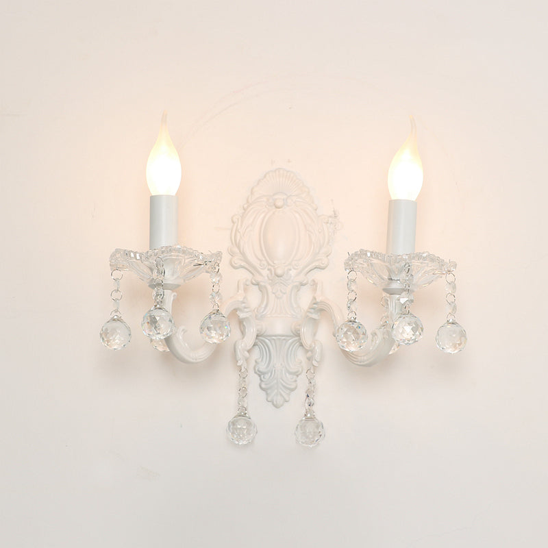 White Metal Candle Wall Sconce with Crystal Draping for Countryside Charm