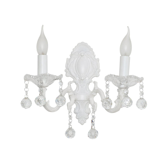 White Metal Candle Wall Sconce with Crystal Draping for Countryside Charm