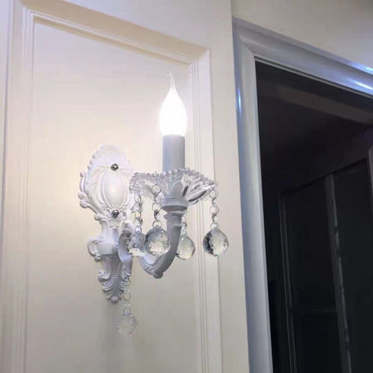 White Metal Candle Wall Sconce with Crystal Draping for Countryside Charm