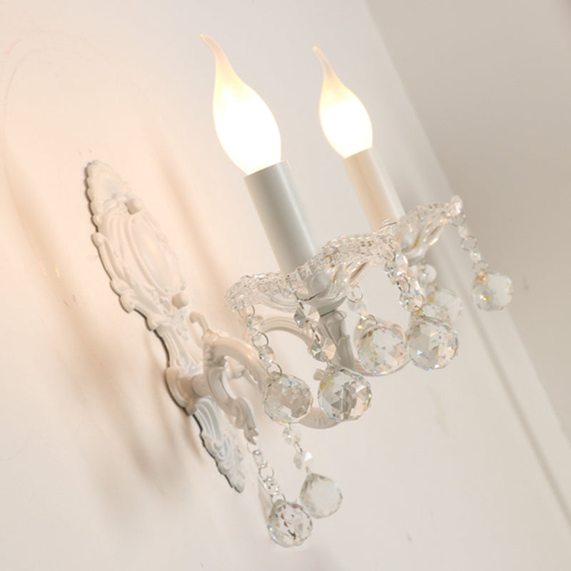 White Metal Candle Wall Sconce with Crystal Draping for Countryside Charm
