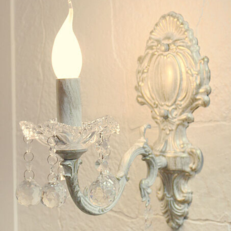 White Metal Candle Wall Sconce with Crystal Draping for Countryside Charm