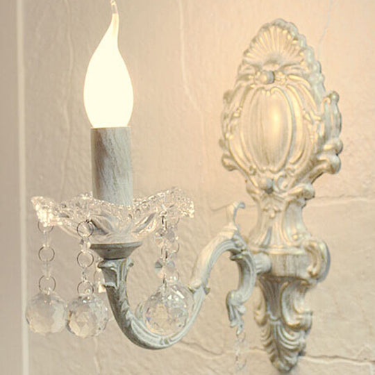 White Metal Candle Wall Sconce with Crystal Draping for Countryside Charm