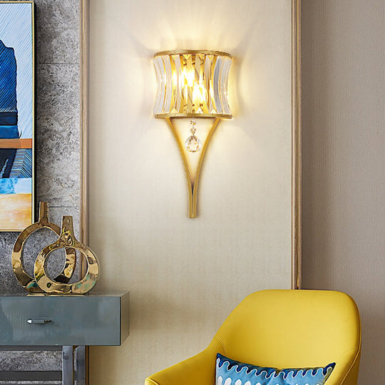 1-Bulb Clear Crystal Wall Lamp - Rustic Curved Wave Design - Bedroom Wall Mounted Lighting with Metal Frame