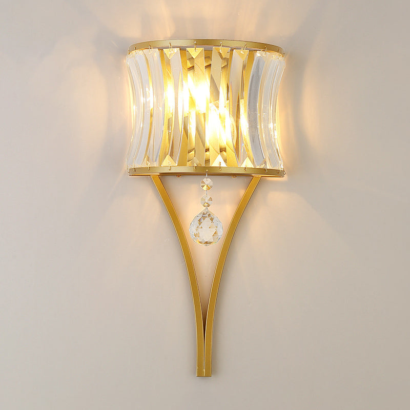 1-Bulb Clear Crystal Wall Lamp - Rustic Curved Wave Design - Bedroom Wall Mounted Lighting with Metal Frame