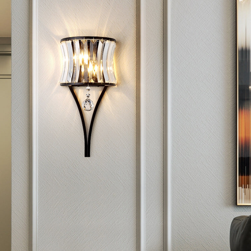1-Bulb Clear Crystal Wall Lamp - Rustic Curved Wave Design - Bedroom Wall Mounted Lighting with Metal Frame