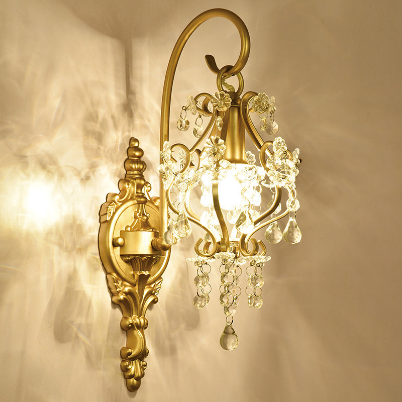 Countryside Brass Wall Lamp with Crystal Accent and Scrolled Frame