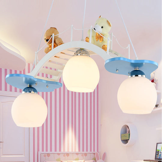Cartoon Bear Wood Chandelier - Child Bedroom Bridge Hanging Light (3 Lights, White)
