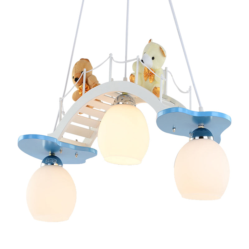 Cartoon Bear Wood Chandelier - Child Bedroom Bridge Hanging Light (3 Lights, White)