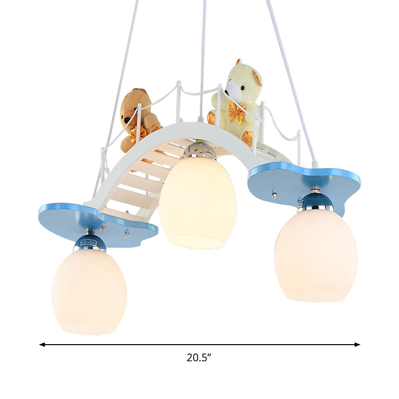 Cartoon Bear Wood Chandelier - Child Bedroom Bridge Hanging Light (3 Lights, White)