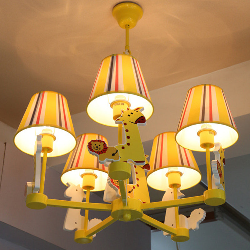 Kid's Bedroom Cartoon Giraffe & Lion Chandelier - Yellow Metal Pendant Light with 5 Heads