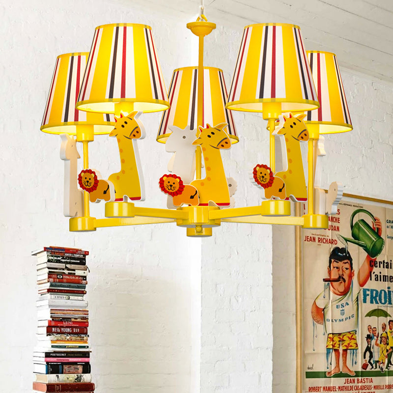 Kid's Bedroom Cartoon Giraffe & Lion Chandelier - Yellow Metal Pendant Light with 5 Heads