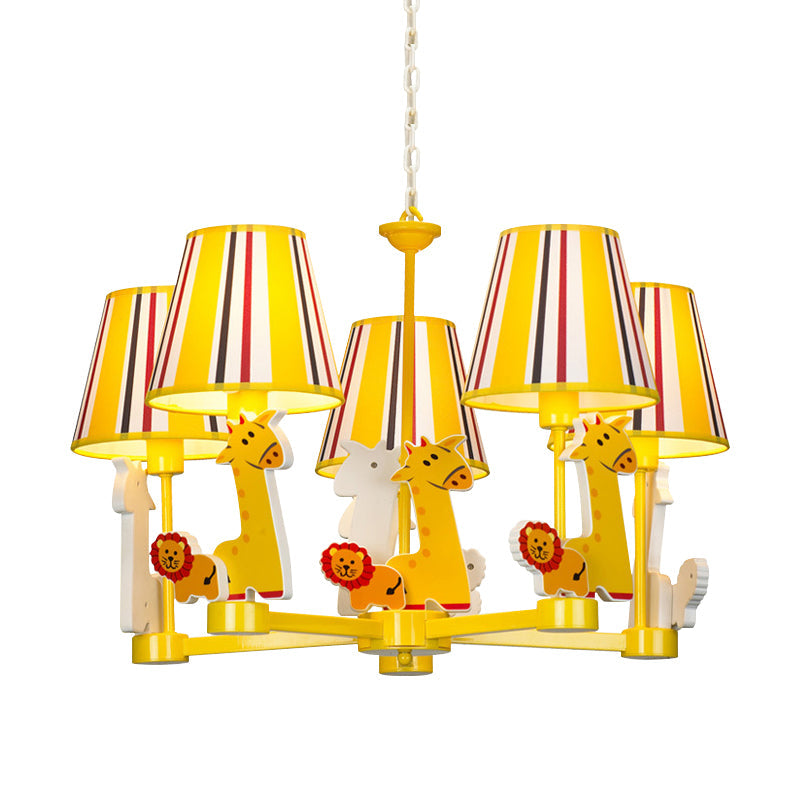 Kid's Bedroom Cartoon Giraffe & Lion Chandelier - Yellow Metal Pendant Light with 5 Heads