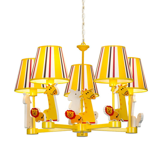 Kid's Bedroom Cartoon Giraffe & Lion Chandelier - Yellow Metal Pendant Light with 5 Heads