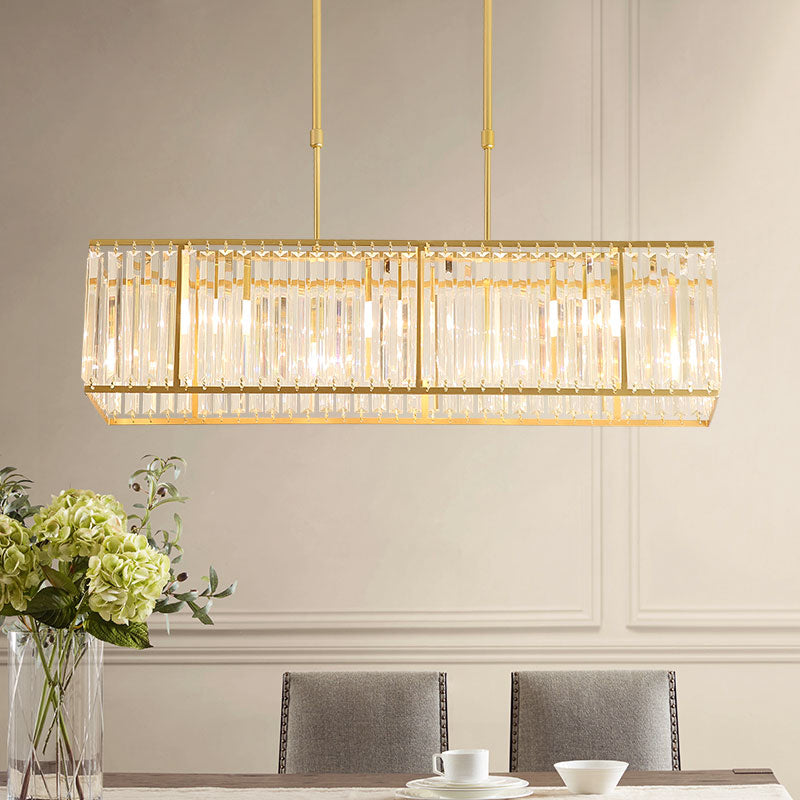Modern Restaurant Pendant Lamp: 3/4-Bulb Hanging Island Light with Crystal Rectangle Shade in Black/Gold