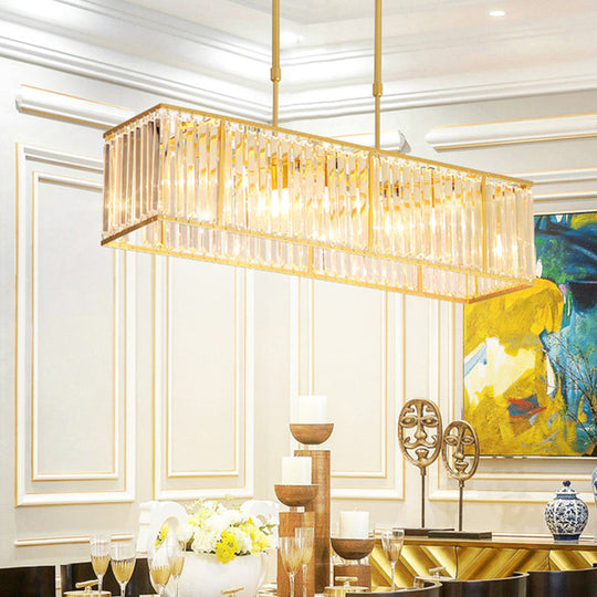 Modern Restaurant Pendant Lamp: 3/4-Bulb Hanging Island Light with Crystal Rectangle Shade in Black/Gold