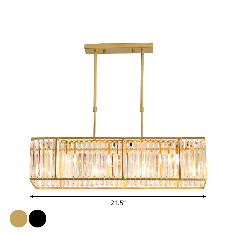 Modern Restaurant Pendant Lamp: 3/4-Bulb Hanging Island Light with Crystal Rectangle Shade in Black/Gold