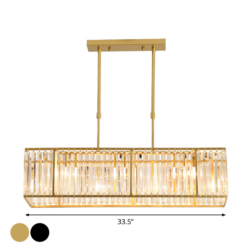 Modern Restaurant Pendant Lamp: 3/4-Bulb Hanging Island Light with Crystal Rectangle Shade in Black/Gold