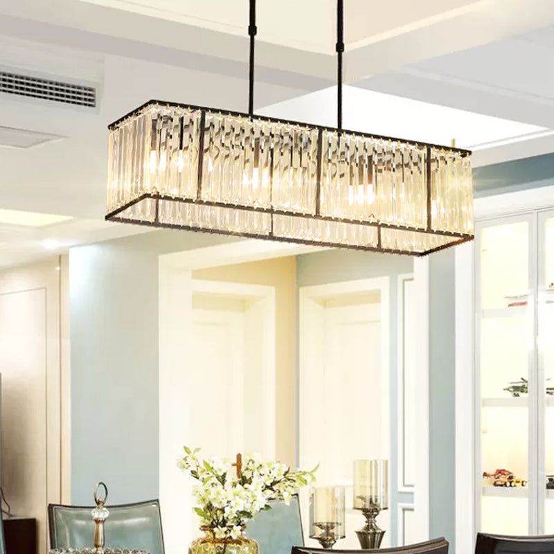 Modern Restaurant Pendant Lamp: 3/4-Bulb Hanging Island Light with Crystal Rectangle Shade in Black/Gold