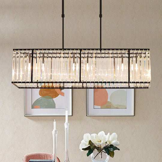 Modern Restaurant Pendant Lamp: 3/4-Bulb Hanging Island Light with Crystal Rectangle Shade in Black/Gold