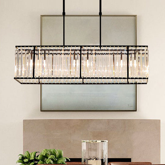 Modern Restaurant Pendant Lamp: 3/4-Bulb Hanging Island Light with Crystal Rectangle Shade in Black/Gold
