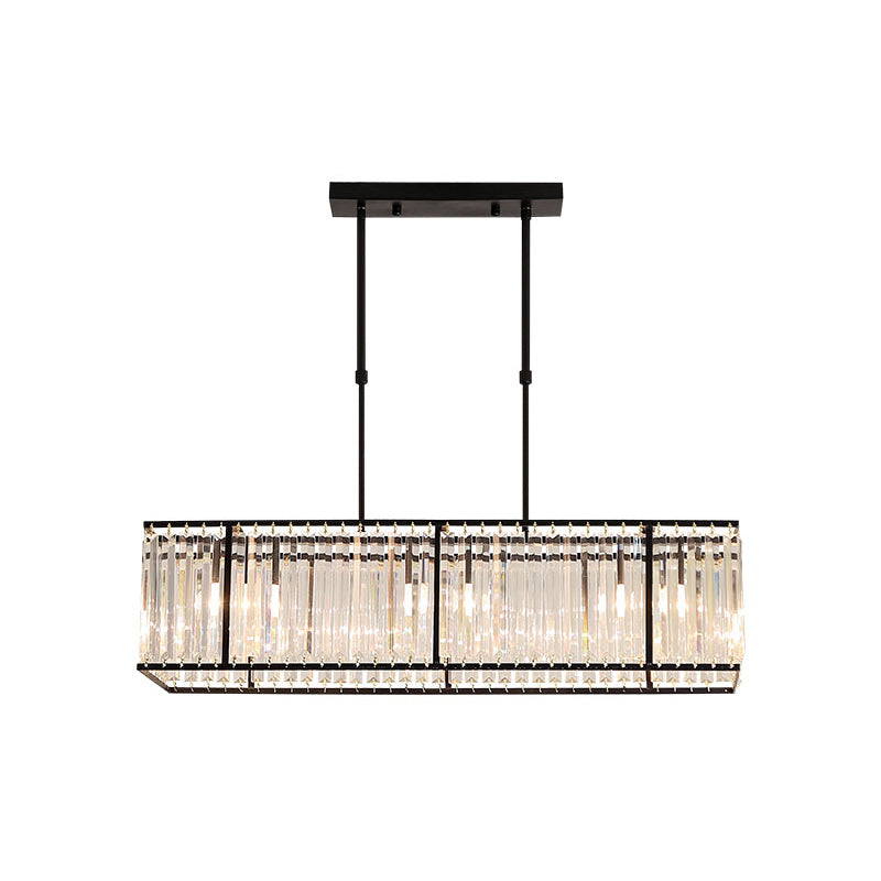 Modern Restaurant Pendant Lamp: 3/4-Bulb Hanging Island Light with Crystal Rectangle Shade in Black/Gold