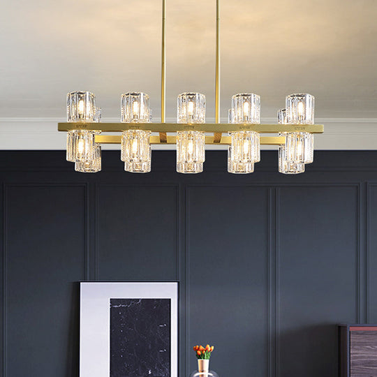 Modern Golden Cylindrical Crystal Pendant Light with 10/20 Island Lights for Dining Tables