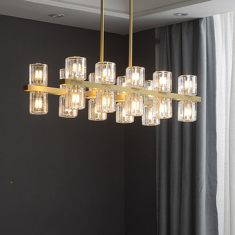 Modern Golden Cylindrical Crystal Pendant Light with 10/20 Island Lights for Dining Tables
