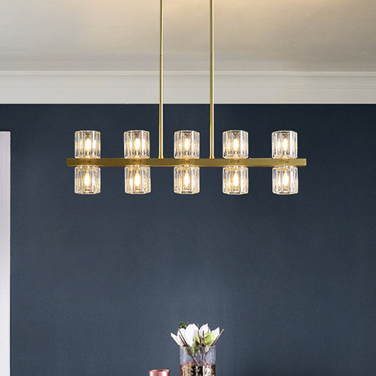 Modern Golden Cylindrical Crystal Pendant Light with 10/20 Island Lights for Dining Tables