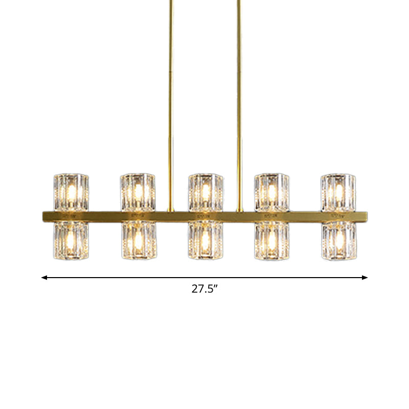 Modern Golden Cylindrical Crystal Pendant Light with 10/20 Island Lights for Dining Tables