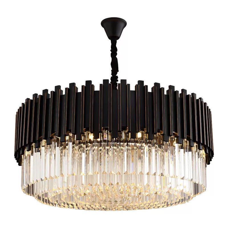 Modern Black Crystal Chandelier - Drum Shaped Pendant Lamp for Bedroom - 8/12/16-Bulb Options - Small/Medium/Large