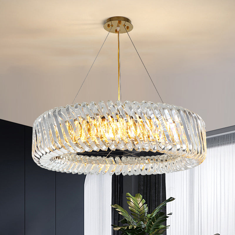 Minimalist 4/8/12-Light Gold Drum Pendant with Clear K9 Crystal Chandelier Fixture