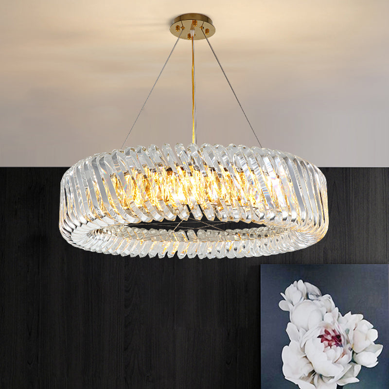Minimalist 4/8/12-Light Gold Drum Pendant with Clear K9 Crystal Chandelier Fixture