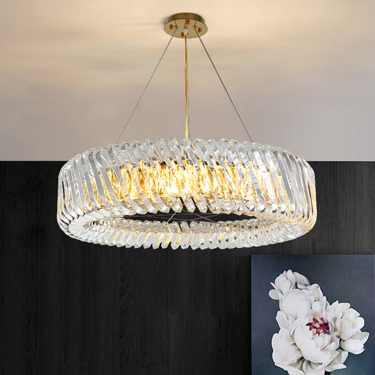 Minimalist 4/8/12-Light Gold Drum Pendant with Clear K9 Crystal Chandelier Fixture