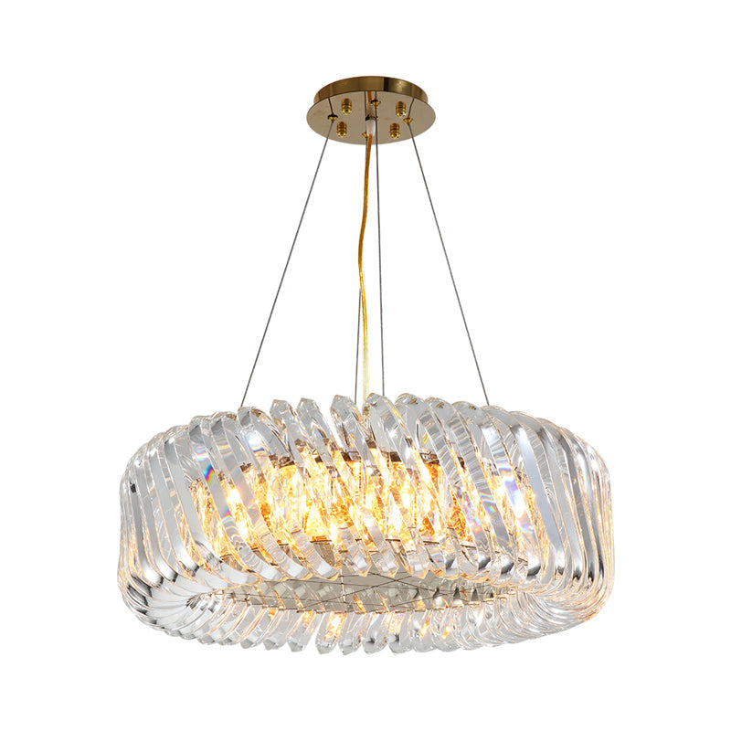 Minimalist 4/8/12-Light Gold Drum Pendant with Clear K9 Crystal Chandelier Fixture