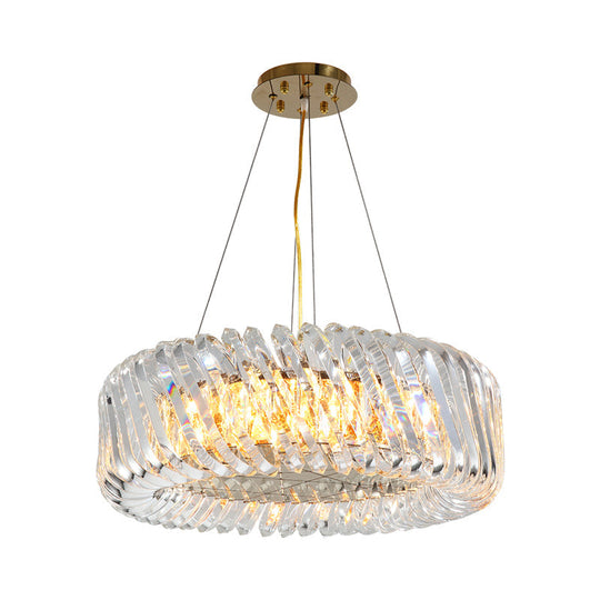 Minimalist 4/8/12-Light Gold Drum Pendant with Clear K9 Crystal Chandelier Fixture