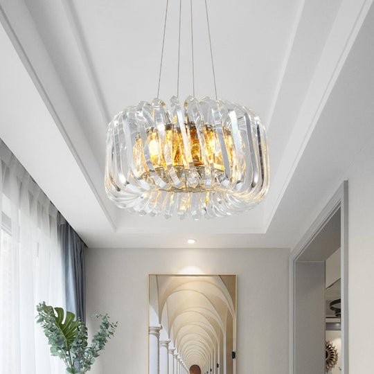 Minimalist 4/8/12-Light Gold Drum Pendant with Clear K9 Crystal Chandelier Fixture