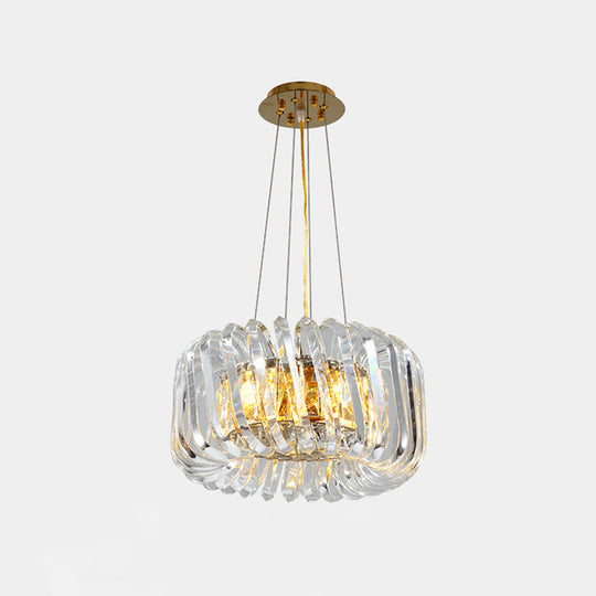 Minimalist 4/8/12-Light Gold Drum Pendant with Clear K9 Crystal Chandelier Fixture