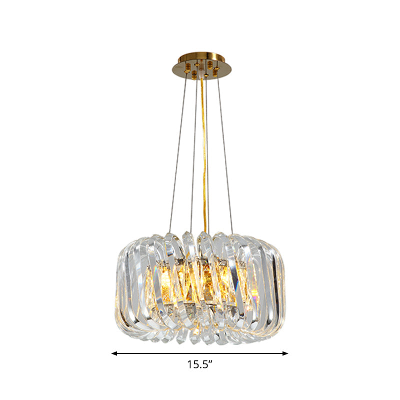 Minimalist 4/8/12-Light Gold Drum Pendant with Clear K9 Crystal Chandelier Fixture