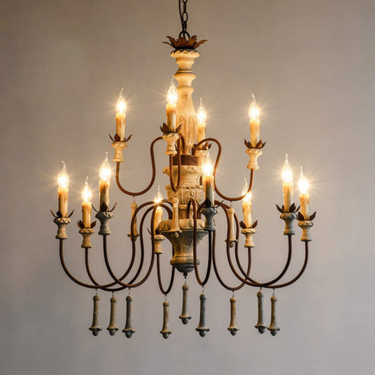Country Distressed Wood Pendant Chandelier with Scrolled Arm - Living Room Hanging Light Kit