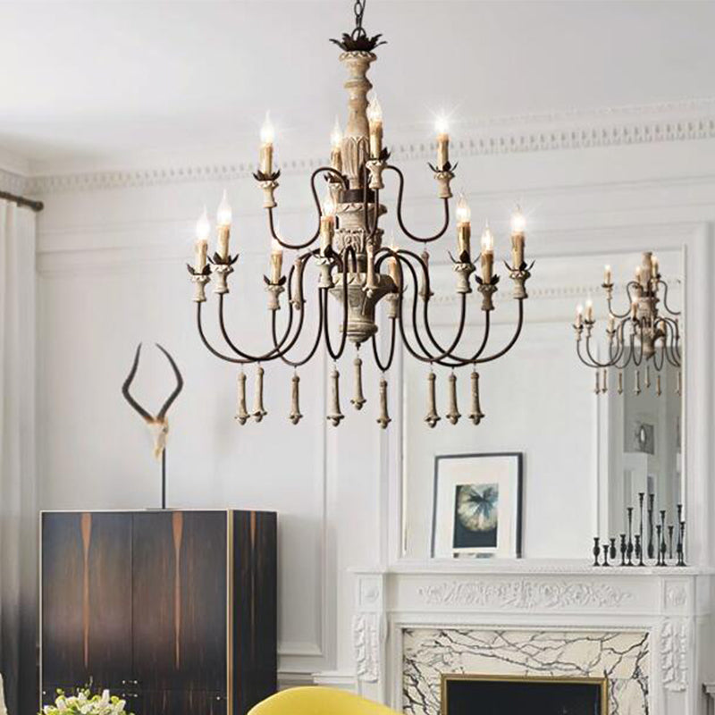 Country Distressed Wood Pendant Chandelier with Scrolled Arm - Living Room Hanging Light Kit