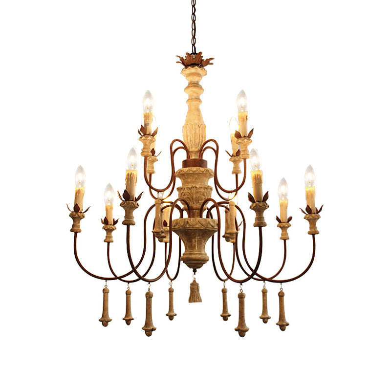 Country Distressed Wood Pendant Chandelier with Scrolled Arm - Living Room Hanging Light Kit